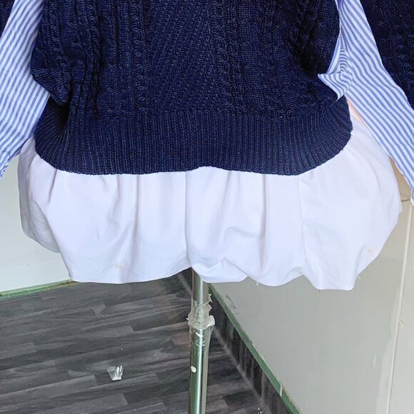 Navy Cable Knit Sweater Striped Sleeves Preppy - Picture 3 of 4